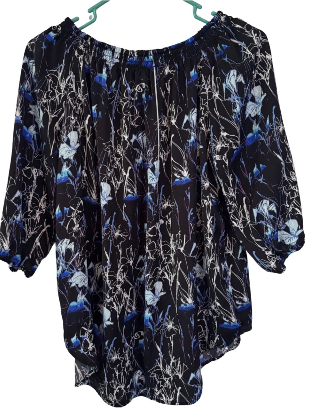 3/$20 Philosophy Black Floral Elastic Neckband Blouse with Blue & White Accents - Picture 2 of 4
